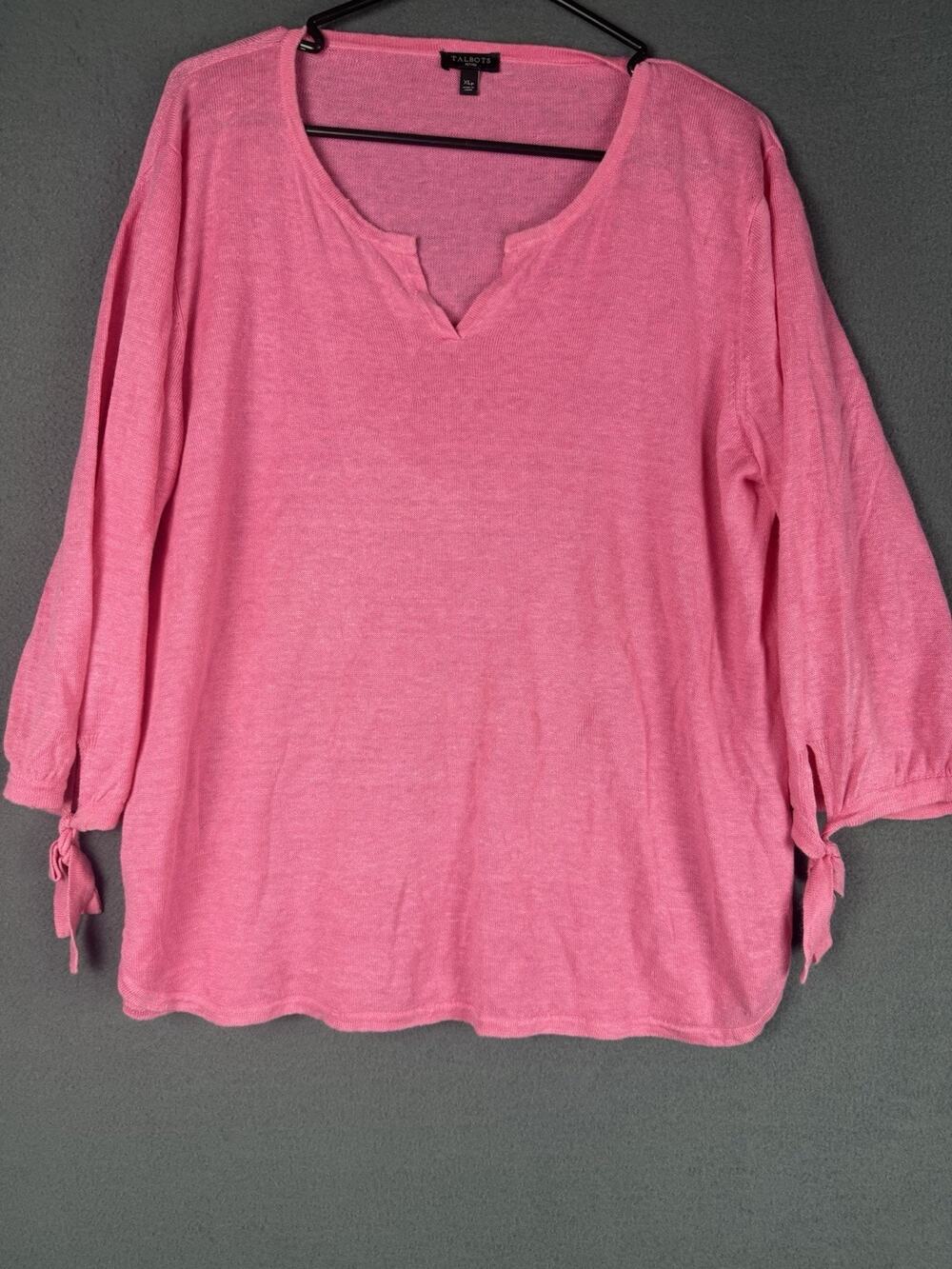 Talbots Pink 100% Linen Long sleeves Top Bow wrist Women size XL P
